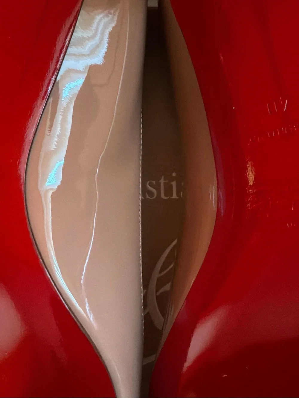 Christian Louboutin Nude Patent Pointed-Toe Pumps with Red Sole